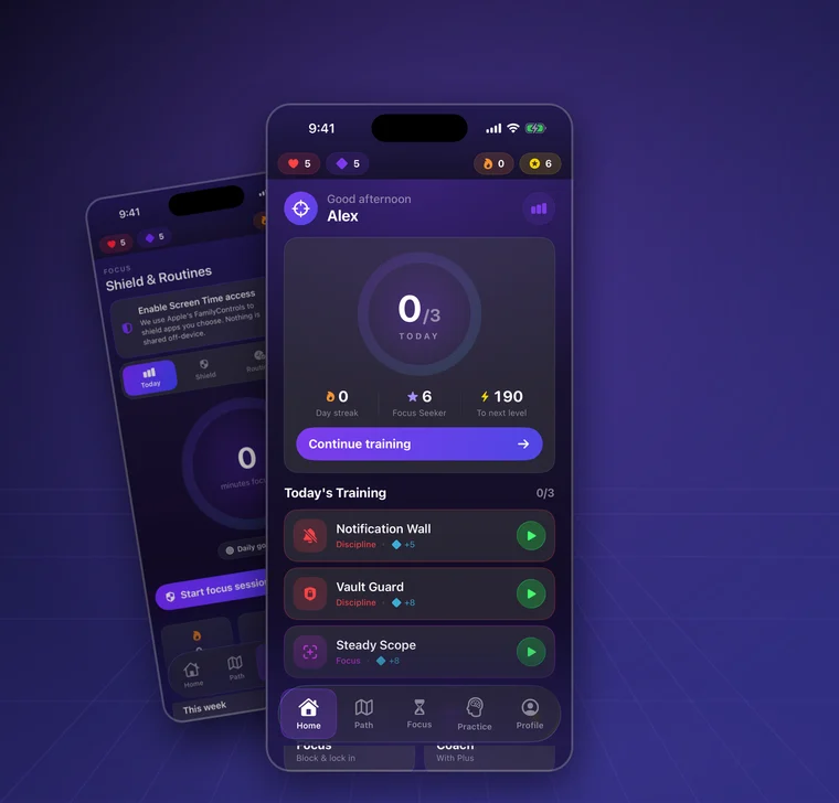 Unscroll on iPhone: the home screen with your daily training, streak and focus goals, with a running focus session behind it.
